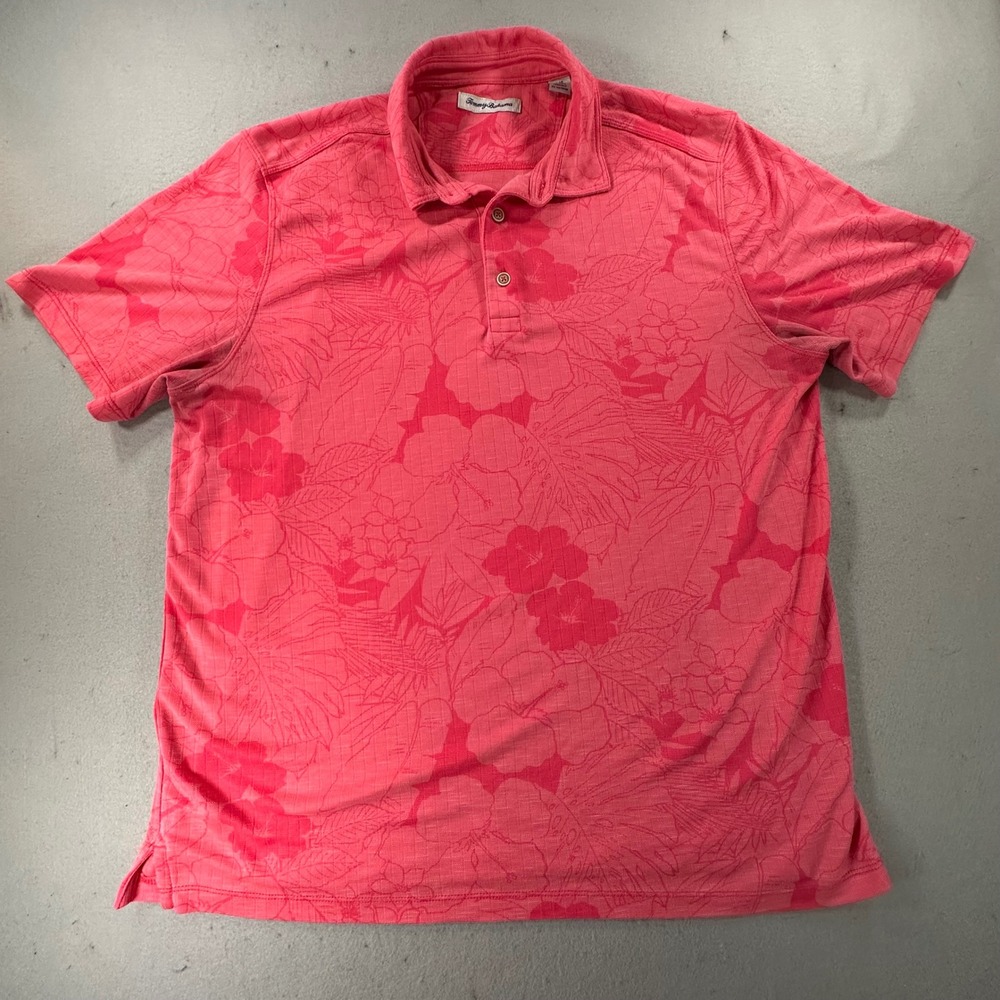 Tommy Bahama Mens Large Pink Hibiscus Floral Tencel Modal Polo Shirt S/S